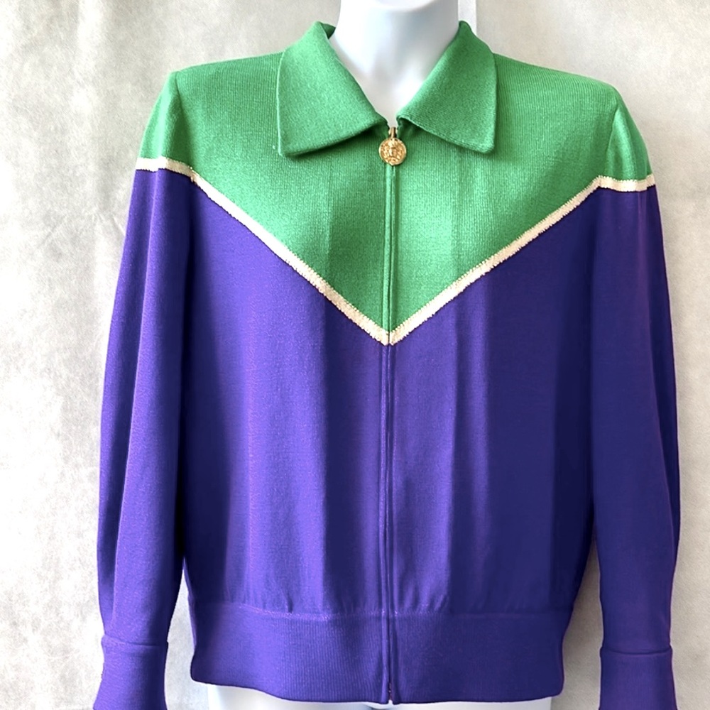 VINTAGE St. John Color Block Zip Front Sweater Jacket Size Large